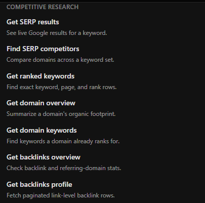 The Grawl competitive research tool group, listing Get SERP results, Find SERP competitors, Get ranked keywords, Get domain overview, Get domain keywords, Get backlinks overview, and Get backlinks profile